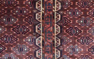 Yomut engsi, 19th century. Excellent condition with full pile.  Nice elems and particularly striking are the zoomorphic motifs in the cross hatch borders.  145 x 178 cm. Contact danauger@tribalgardenrugs.com  