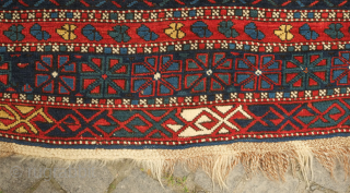 Zeikhur/Seichur rug dated to 1885.  The white ground makes for a wonderful foil for the large main motifs. Exceptional condition for it's age.  137 x 188 cm.  Contact danauger@tribalgardenrugs.com 