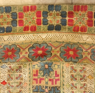 Greek Mainland Embroidery, 3rd-4th Quarter of the 19th Century.  Excellent cross stitch embroidery with large carnation-type floral motifs and two strips of trees of life or repeat pomegranate vines.  A  ...