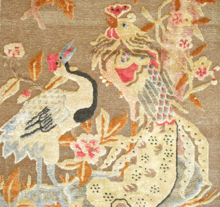 Ningxia Silk and Metallic thread rug, 3rd quarter of the 19th century.  Luxuriant color combination.  Depiction of a crane, symbolizing longevity, and a phoenix, the embodiment of fortuitous omens. Note  ...