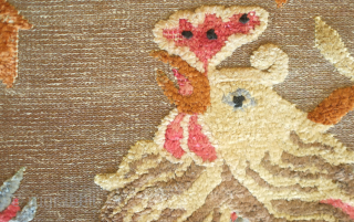 Ningxia Silk and Metallic thread rug, 3rd quarter of the 19th century.  Luxuriant color combination.  Depiction of a crane, symbolizing longevity, and a phoenix, the embodiment of fortuitous omens. Note  ...