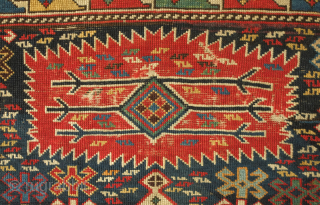 Shirvan rug, atypical small format, 19th century.  The rug is complete with some wear here and there but otherwise intact.   117 x 141 cm.  Contact danauger@tribalgardenrugs.com   