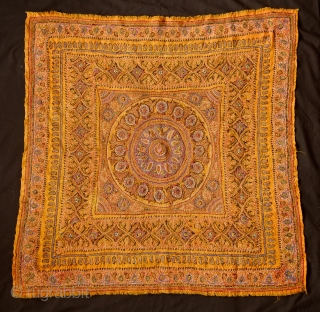 Kerman embroidery, 19th Century.  Apricot wool ground cloth.  Intricate workmanship.  90 x 90 cm.                