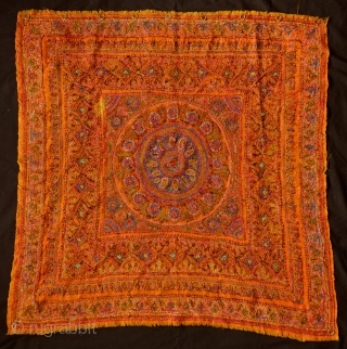 Kerman embroidery, 19th Century.  Apricot wool ground cloth.  Intricate workmanship.  90 x 90 cm.                