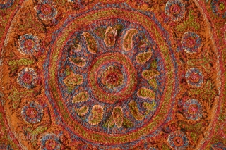 Kerman embroidery, 19th Century.  Apricot wool ground cloth.  Intricate workmanship.  90 x 90 cm.                