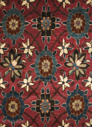 Veramin Runner, 1920s. Wonderful deep rich purple-red ground and overall Mina Khani-like floral pattern.  The pile is thick.  There is one small section of repair on the right side excellently  ...