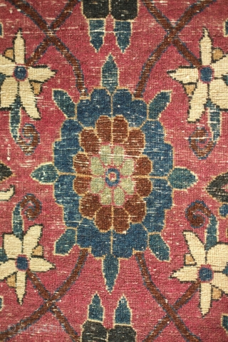 Veramin Runner, 1920s. Wonderful deep rich purple-red ground and overall Mina Khani-like floral pattern.  The pile is thick.  There is one small section of repair on the right side excellently  ...
