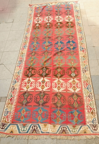 Aksaray Red Ground Kilim, 3rd to 4th quarter of 19th Century. Unusual for its red ground. In wonderful shape but for a couple of well done repairs and restoration on the ends.  ...