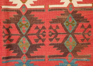 Aksaray Red Ground Kilim, 3rd to 4th quarter of 19th Century. Unusual for its red ground. In wonderful shape but for a couple of well done repairs and restoration on the ends.  ...