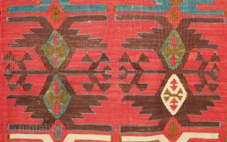 Aksaray Red Ground Kilim, 3rd to 4th quarter of 19th Century. Unusual for its red ground. In wonderful shape but for a couple of well done repairs and restoration on the ends.  ...