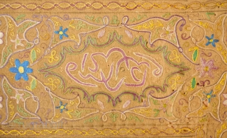 Tepebasi Embroidered Cover, 1880s or so. Very fine silk embroidery on a camel colored wool broadcloth. The designs are finely articulated with circles in the corners and a possible Abdulhamid II tugra  ...