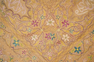 Tepebasi Embroidered Cover, 1880s or so. Very fine silk embroidery on a camel colored wool broadcloth. The designs are finely articulated with circles in the corners and a possible Abdulhamid II tugra  ...