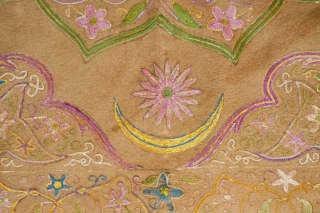 Tepebasi Embroidered Cover, 1880s or so. Very fine silk embroidery on a camel colored wool broadcloth. The designs are finely articulated with circles in the corners and a possible Abdulhamid II tugra  ...