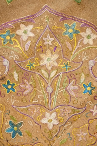 Tepebasi Embroidered Cover, 1880s or so. Very fine silk embroidery on a camel colored wool broadcloth. The designs are finely articulated with circles in the corners and a possible Abdulhamid II tugra  ...
