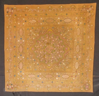 Tepebasi Embroidered Cover, 1880s or so. Very fine silk embroidery on a camel colored wool broadcloth. The designs are finely articulated with circles in the corners and a possible Abdulhamid II tugra  ...