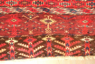 Yomut ensi, 19th century.  Very soft wool.  Fantastic elems. A couple of small holes in the field and bottom left corner.  Otherwise the pile is in good condition.   ...