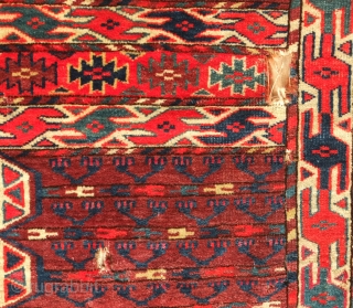 Yomut ensi, 19th century.  Very soft wool.  Fantastic elems. A couple of small holes in the field and bottom left corner.  Otherwise the pile is in good condition.   ...