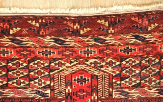 Yomut ensi, 19th century.  Very soft wool.  Fantastic elems. A couple of small holes in the field and bottom left corner.  Otherwise the pile is in good condition.   ...