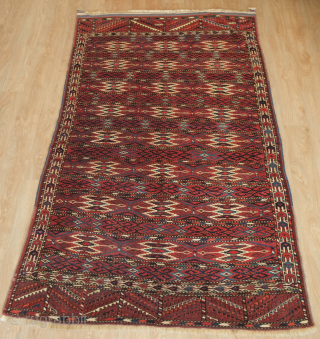 Yomut Turkmen rug, early 20th century.  This weave on this kilim design rug is exceptional and so is the wool. Good colors and dated to 1905 according to the inscription. Excellent  ...