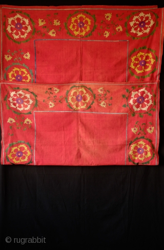 Samarkand Double-sided Suzani, 1920s or so.  The embroidery work is fine, tight and compact is remarkable for being stitched on both sides of the red fine cotton ground cloth.  Great  ...