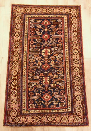 Perepedil Rug, Last decade of the 19th century.  Excellent wool and a deep blue ground.  Small dragons, rams horns, kufic borders, endless knots and all.  126 x 205 cm 