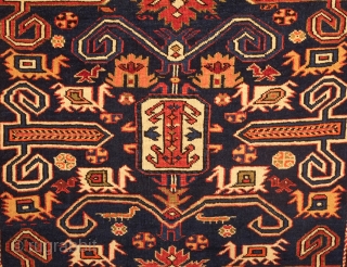 Perepedil Rug, Last decade of the 19th century.  Excellent wool and a deep blue ground.  Small dragons, rams horns, kufic borders, endless knots and all.  126 x 205 cm 