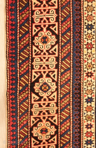 Perepedil Rug, Last decade of the 19th century.  Excellent wool and a deep blue ground.  Small dragons, rams horns, kufic borders, endless knots and all.  126 x 205 cm 