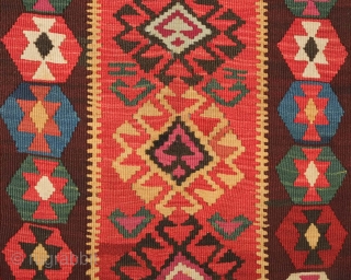 Gumusane or Kagizman kilim, late 19th century.  Wonderful colors on this tribal kilim.  A couple of light stains but do not detract from the overall piece.  128 x 288  ...