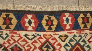 Gumusane or Kagizman kilim, late 19th century.  Wonderful colors on this tribal kilim.  A couple of light stains but do not detract from the overall piece.  128 x 288  ...