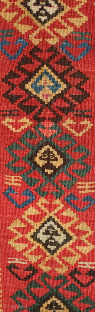 Gumusane or Kagizman kilim, late 19th century.  Wonderful colors on this tribal kilim.  A couple of light stains but do not detract from the overall piece.  128 x 288  ...