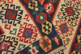 Gumusane or Kagizman kilim, late 19th century.  Wonderful colors on this tribal kilim.  A couple of light stains but do not detract from the overall piece.  128 x 288  ...