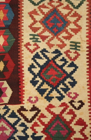 Gumusane or Kagizman kilim, late 19th century.  Wonderful colors on this tribal kilim.  A couple of light stains but do not detract from the overall piece.  128 x 288  ...