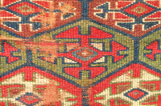 Sauj Bulak fragment, 19th century.  Absolutely fantastic saturated natural colors and silky soft wool. A mesmerizing piece even as it is. 111 x 183 cm       