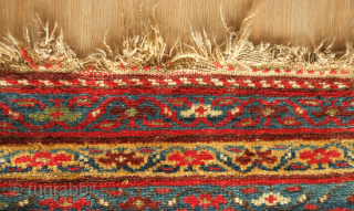 Sauj Bulak fragment, 19th century.  Absolutely fantastic saturated natural colors and silky soft wool. A mesmerizing piece even as it is. 111 x 183 cm       
