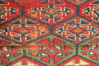Sauj Bulak fragment, 19th century.  Absolutely fantastic saturated natural colors and silky soft wool. A mesmerizing piece even as it is. 111 x 183 cm       