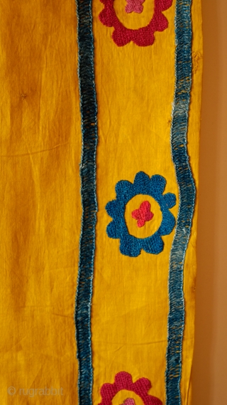 Yellow Silk Ground Suzani.  Late 19th century.  The silk still has a nice crispy shine from the egg white coating beaten into it to protect it.  Generally in pretty  ...