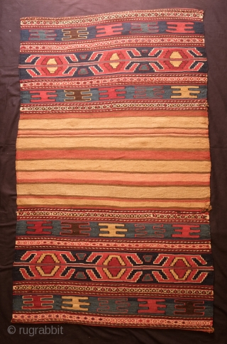 Shahsavan Hashtrud mafrash long panels and bridge. Late 19th Century.  Wonderful mellow colors especially on the bridge/bottom panel which has an alluring soft salmon hue against beige-tan stripes.  A small  ...