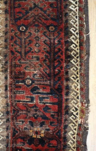 Baluch Rug, possibly Kashmar area Khorasan, Mid to 3rd quarter of the 19th Century.  Very dark brooding tones of blue and deep rich red.  Birds interspersed throughout the mina khani  ...
