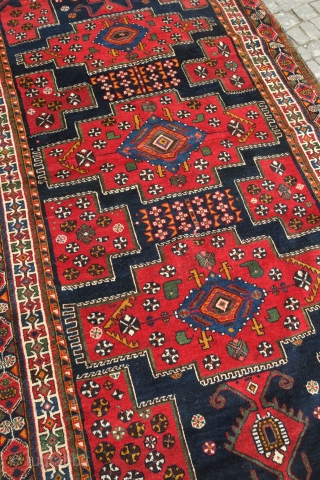 Lori rug, 19th century.  Rich and vivid colors. The soft wool pile is full on this rug. Nicely defined kockack filled border.  151 x 277 cm. Contact danauger@tribalgardenrugs.com   