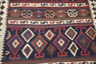 Veramin or Shiraz Kilim, Late 19th Century, great condition and colors. Subtle assymetry in the design with four kochaks in the upper bands and five in the lower bands as well as  ...