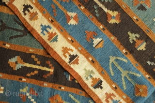 Balkan/Bulgarian Kilim, 4th Quarter of the 19th Century. Very unusual and wonderfully joyful arrangement of the floral designs. Exceptional and rare. 115 x 364 cm        