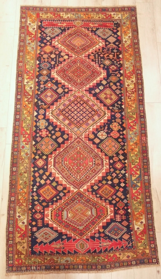 Shirvan Rug of serrated-edged hexagon column type, 1890s to 1900 or so.  Wonderful array of sharp colors.  A classical Caucasian rug.  130 x 263 cm     