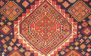 Shirvan Rug of serrated-edged hexagon column type, 1890s to 1900 or so.  Wonderful array of sharp colors.  A classical Caucasian rug.  130 x 263 cm     