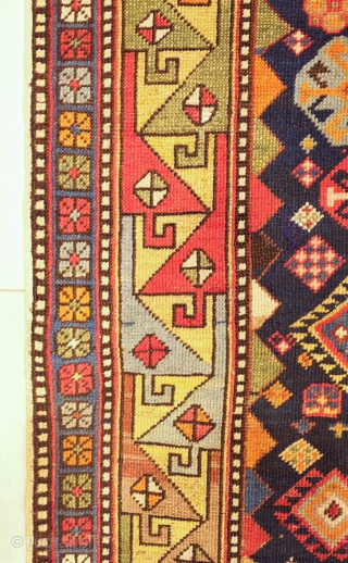 Shirvan Rug of serrated-edged hexagon column type, 1890s to 1900 or so.  Wonderful array of sharp colors.  A classical Caucasian rug.  130 x 263 cm     