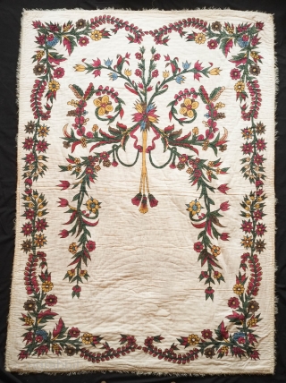 Istanbul Kandilli Blockprint and Painted Quilt.  Early 20th century.  Many of the design elements are painted in and demonstrate exceptional craftsmanship.  Pieces of this quality are rare.  Exceptional  ...