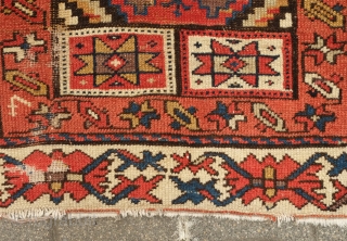 Sauj Bulak rug, 19th century.  A collection of medallions in the field.  Beautiful "crab" border.  109 x 280 cm  Contact danauger@tribalgardenrugs.com        