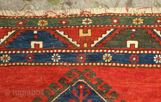 Kazak rug, late 19th century.  Deeply saturated colors with fluidly drawn serrated decagons. The organic quality of these medallions and other design elements almost gives this rug the feel of a  ...
