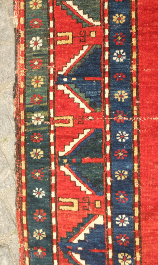 Kazak rug, late 19th century.  Deeply saturated colors with fluidly drawn serrated decagons. The organic quality of these medallions and other design elements almost gives this rug the feel of a  ...