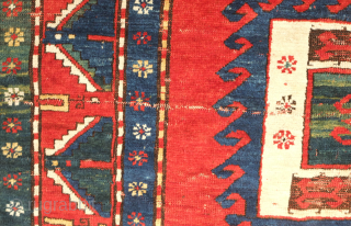 Kazak rug, late 19th century.  Deeply saturated colors with fluidly drawn serrated decagons. The organic quality of these medallions and other design elements almost gives this rug the feel of a  ...