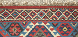 Shirvan kilim, 19th century.  Smaller format.  Paper thin weave.  Animal figures in soumak weave throughout the bottom half of the kilim. It has a couple of holes but otherwise  ...